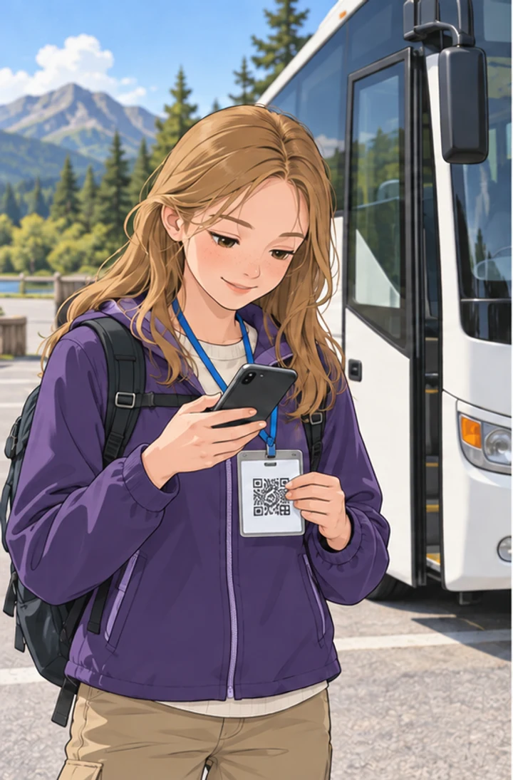 참고 이미지 · 보라색 등산복을 입은 미팅마녀 회원이 버스 앞에서 명찰 QR을 확인하는 모습