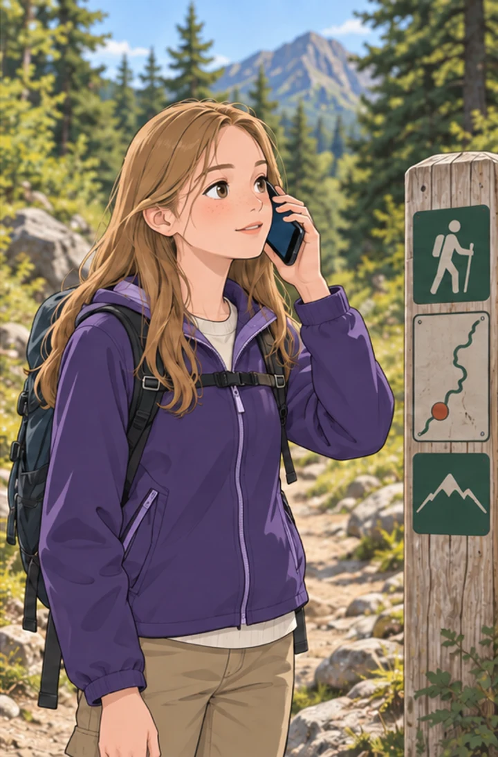 참고 이미지 · 보라색 등산복을 입은 미팅마녀 회원이 안전한 등산로에서 구조 요청을 하는 모습